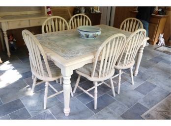 Pickled Oak & Ceramic Tile Top Dining Table & 6 Matching Chairs