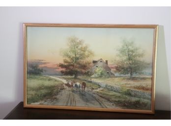 Watercolor Painting Of Cows Heading Home On A Country Road Signed Sedgwick