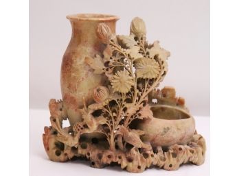 Vintage Chinese Soapstone Brush Pot & Vase With Beautifully Sculpted Flowers