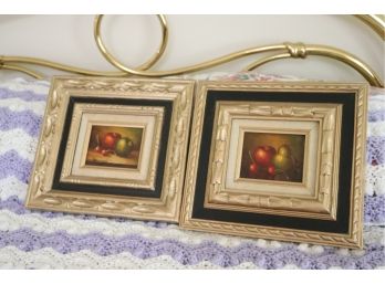 Signed Pair Of Still Life Paintings In Chiseled Gold & Black Frames