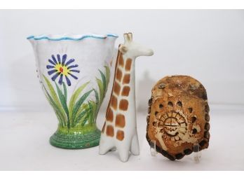 Decorative Lot With Hand Painted Ceramic Vase, Ceramic Giraffe & Wall Pocket