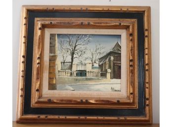 Signed & Framed Painting Of Winter Scene & Gated Courtyard
