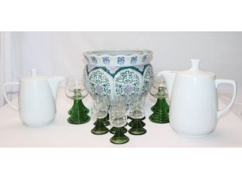 Asian Inspired Planter With 2 Melitta Teapots & Vintage Green Stemmed Glasses