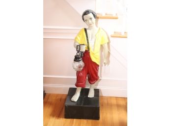 Vintage Painted Metal Lawn Jockey With Attached Lantern