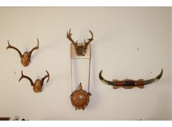 Group Of Antler Mounted Trophies & Carved Wood Canteen