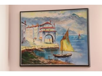 Signed Painting Of European Seaside With Houses & Sailboats