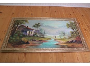 Signed Oil Painting Of Bucolic Landscape With House By The River