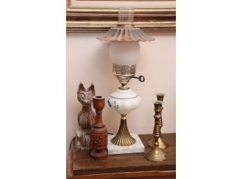 Hurricane Lamp With Ceramic Cat, Brass Candlesticks & Carved Wood Candlestick