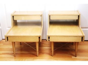 Pair Of Mid Century Modern Light Wood Nightstands  With Drawers & Metal X Stretchers