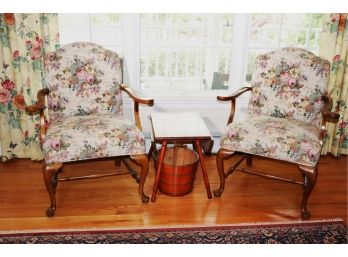 Pair Of Queen Anne Country Style Armchairs With Small Primitive Style Side Table & Barn Bucket