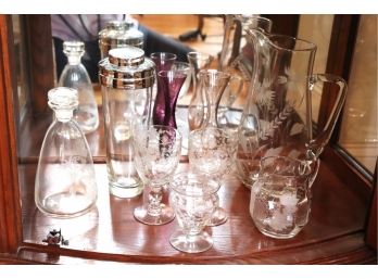 Lot Of Vintage Barware With Etched Glass Pitcher, 2 Etched Glasses, & Decanter