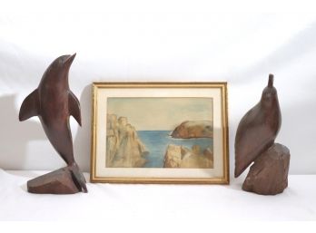 Small Signed Watercolor & 2 Carved Wood Figures Of Dolphin & Quail