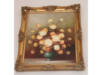 Signed Painting Of Pretty Apricot Colored Roses In Baroque Style Gold Frame