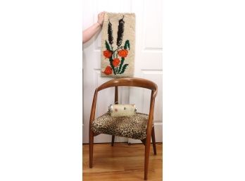 MCM Curved Side Chair With Leopard Fabric, Wall Lamp With Rice Paper Shade & Small Hand Hooked Wall Hanging