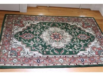 Oriental Style Area Rug With Green, Pink & Off-White Geometric Design