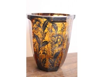 Beautiful Art Deco Amber Color Thick Glass Vase With Silver Overlay