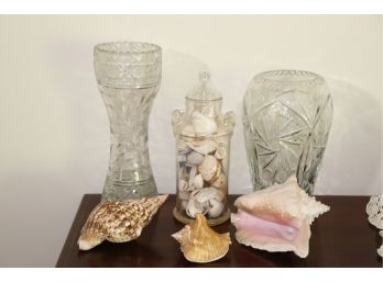 Lot Includes 2 Etched Crystal Vases, Natural Sea Shells & Glass Container With Shell Collection