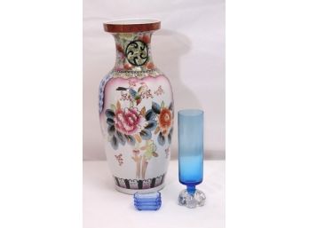 Tall Asian Style Hand Painted Vase, Blue Glass Vase & 3 Antique Blue Salts