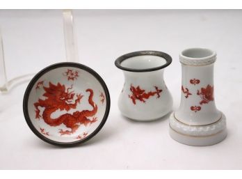 Three Meissen Porcelain Asian Inspired Tabletop Items With Silver Rims
