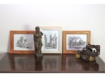 Framed Vintage Prints, Carved Wood Figurine & Decorative Cast Iron Circus Truck