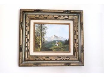 Signed & Framed Painting Of A Country Church With Mountain Background