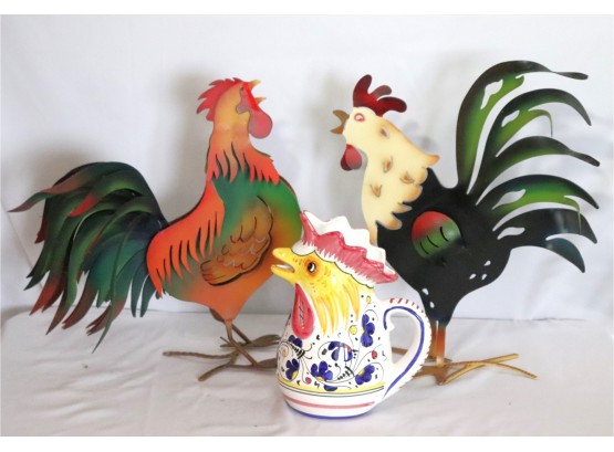 Painted Metal Rooster Art Sculptures Rooster Pitcher Deruta Italy, One Piece Moves Back & Forth