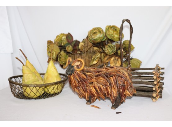 Decorative Wood Basket Made From Cut Branches Folk Art Ram