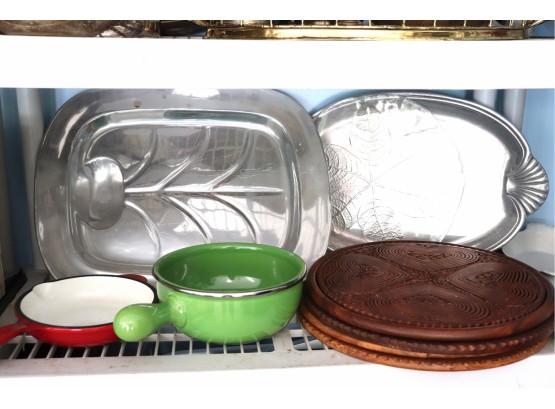 Collection Includes Green Pan By Teria, Cast Iron Tim Love Collection. Unique Folding Trays/ Basket & Long Pla