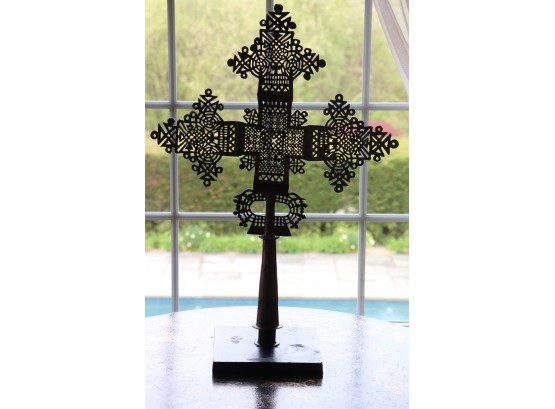 Large Interesting Metallic Hand Cut Celtic Cross Finial That Sits On A Stand