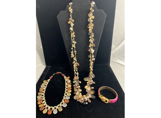 Two Necklaces And One Bracelet, All Unique With Rich Orange And Gold Tones Plus Pink Bracelet.