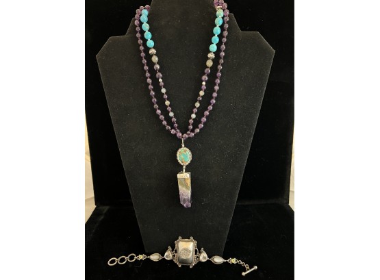 Beautifully Designed Turquoise And Amethyst Beaded Necklace With Silver Bead Inserts