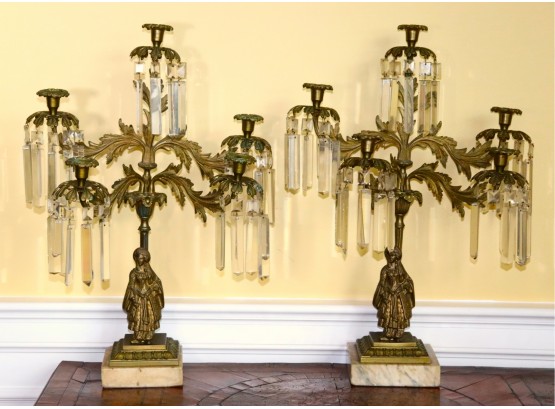 Pair Of Vintage Luxurious Brass Figural Candelabras On A Marble Base, Extra Replacement Crystals Are Includ