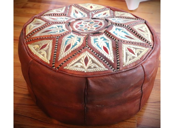 Moroccan Style Leather Accent Pouf With Stitched Design On The Top Surface