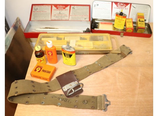 Assorted Rifle/Gun Cleaning Accessories & Oils As Pictured Includes A Vintage Accessory Belt