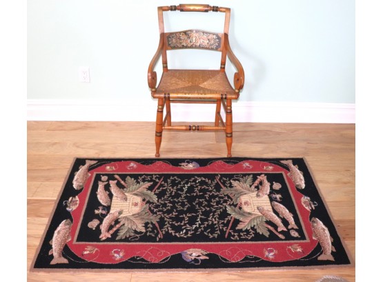 Woven Rush Accent Chair With Stenciled Detail Includes A Pretty Area Rug With Salmon Fish Accents