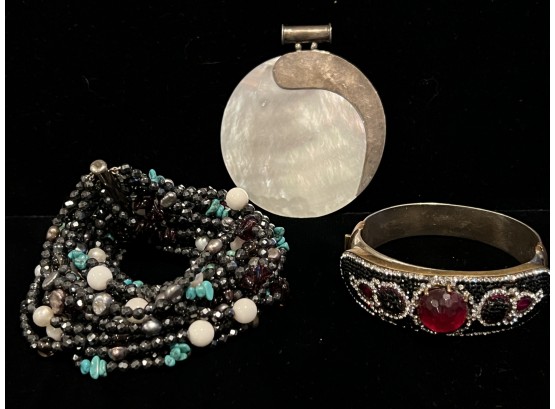 3 Pretty Jewelry Pcs In Sterling, Brass, Mother Of Pearl And 14 Strand Beaded Bracelet