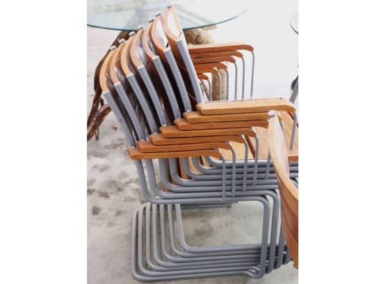 Collection Of 8 Quality Outdoor Chairs With Metal Frames & Wood Slats Great For Summer!