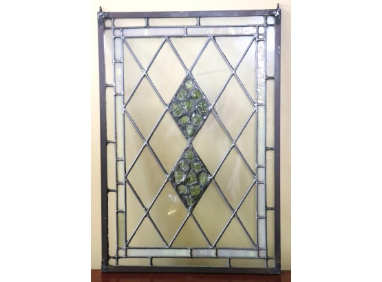 Very Pretty Handmade Slag Glass Window Encased In A Heavy Steel Frame
