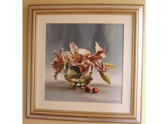 Signed Floral Still Life Painting With Cherries Signed By Artist JM In A Quality Linen Matted Frame