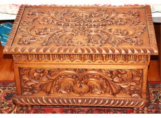 Highly Carved Wood Chest With Amazing Intricate Detailing Throughout!