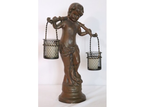 Cast Metal Statue Of A Boy Carrying Water Pails