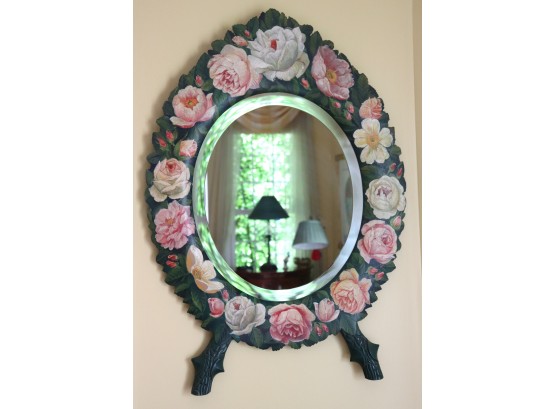 Gorgeous Vintage Hand Painted Wood Mirror With A Painted Floral Border & A Beveled Edge
