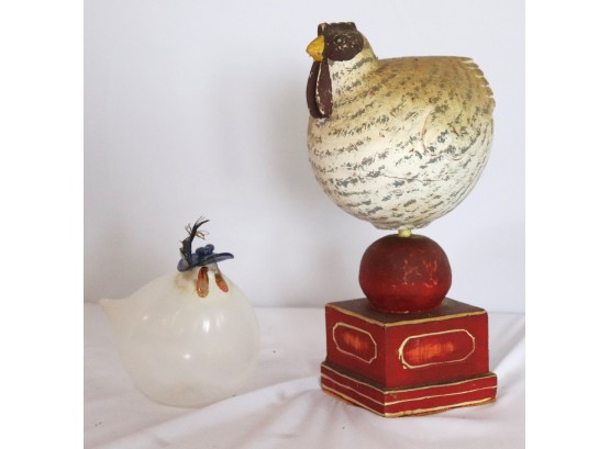 Decorative Carved Wood Rooster & Pretty Blown Glass Dove