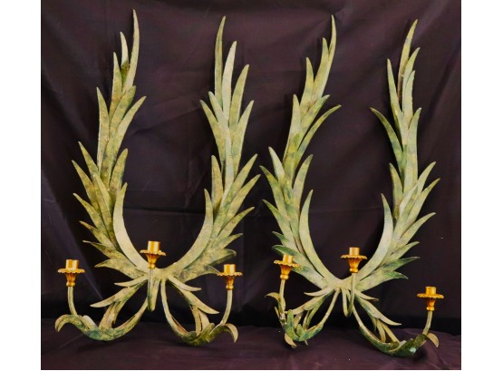 Set Of 2 Ornate Candle Wall Sconces With Palm Frond Design & Textured Finish