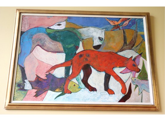 Anne Embree Acrylic Painting On Board, Lots Of Colors Great Use Of Animals