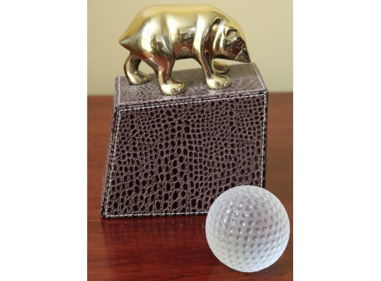 Pretty Tiffany & Co Golf Ball Paperweight And Quality Brass Sculpture Wrapped In Animal Print