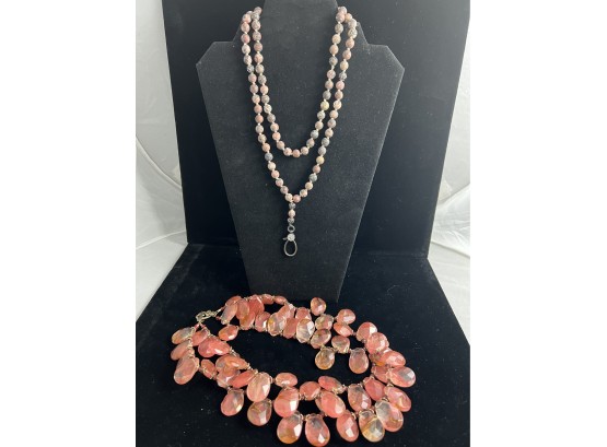 Pretty Jasper Beaded Necklace With Sterling Beads And Clasp Plus Pink Faceted Stone Necklace