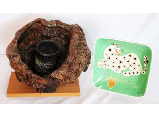 Handmade Tray From Away Lands Gregory Studios Made In Peru, Painted Cat, Includes Dried Out Tree Root Art