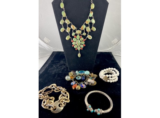 Green Turquoise /sterling Necklace, And Four Fun Costume Pieces/bracelets