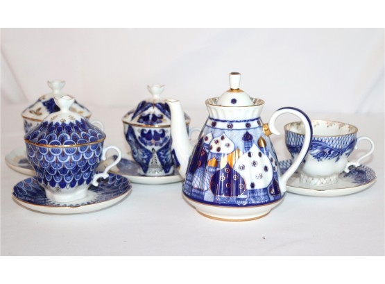 Pretty Blue & White Tea Accessories Hand Decorated 1744 St. Petersburg, Kettle Sugar & Creamer Made In Rus